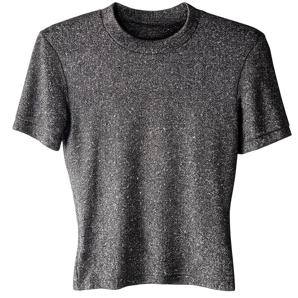 Reformation Metallic Silver Knit Top Crew Neck Sparkle Tee Lurex Size Small